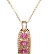 Make a stunning statement. EFFY Collection's pendant is crafted from 14k gold with round-cut pink sapphires (3/4 ct. t.w.) providing a vibrant touch. Diamonds (1/6 c.t. t.w.) add to the appeal. Approximate length: 18 inches. Approximate drop length: 9/10 inch. Approximate drop width: 1/3 inch.