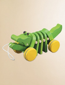 This adorable alligator dances and makes rhythmical click-clack sounds when pulled around.3.7W X 9.7H X 3.9DAbout 1.46lbsRubberwoodWipe with damp clothRecommended for 19 months and upImported