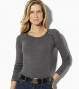 Styled for an easy fit in ultra-breathable cotton, this classic knit crewneck from Lauren Jeans Co. is updated by a side shoulder placket with chic buttons.