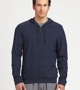 Comfort and style go hand in hand with this incredibly soft full zip-hoodie rendered in a lightweight, breathable micro-modal blend.Zip frontAttached drawstring hoodFront kangaroo pocketsBanded cuffs and hem95% micro-modal/5% elastaneMachine washImported