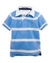 A short-sleeved rugby is rendered in breathable cotton mesh with a preppy stripe.