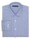 This classic fit Michael Kors dress shirt boasts a spread collar and barrel cuffs with a mod blue and navy check print.