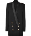 With chic military-inspired details and a trend-right silhouette, this tuxedo-styled blazer from Balmain will elevate any look - Straight satiny lapels, epaulets with gold-toned buttons, long sleeves, double-breasted front button placket, buttoned cuffs - Oversized long, slim fit - Wear with leather leggings, a bustier, and platform heels