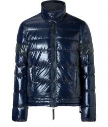 A sleek patina and cool contrast paneling lend this Duvetica down jacket its sporty and stylish edge - Wind- and water-resistant dark blue and black polyamide, two-way front zip, stand-up collar with snap closures, side slit pockets - Straight cut fits close to the body for extra warmth - Pair with jeans, chinos, cords and athletic pants