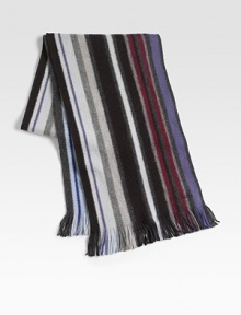 A variety of stripes lend color and character to this elegant winterwear staple woven from soft wool. Fringed ends 71 X 10 Wool Dry clean Imported 