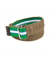 Bring preppy-cool style to your casual look with this striped belt from D&G Dolce & Gabbana - Woven and striped fabric with sliver-tone closure, leather trim with embossed logo - Pair with an elevated jeans-and-tee ensemble