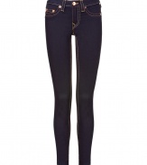 Elevate your go-to closet staples with these ultra-skinny jean leggings from True Religion - Five-pocket styling, logo detailed back pockets, slim fit, dark wash denim with contrast stitching - Style with an oversized asymmetrical tee and embellished ballet flats