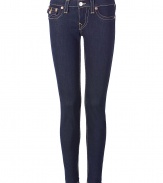 Elevate your go-to closet staples with these ultra-skinny jean leggings from True Religion - Five-pocket styling, logo detailed back flap pockets, dark wash denim with contrast stitching - Extra form-fitting - Style with sporty outerwear and shearling lined boots