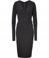 A figure-hugging silhouette and draped details make this dress from Donna Karan a stylish standout - V-neck, long sleeves, gathering at bust, wide draped waistline with back crissocross detail - Pencil skirt, fitted silhouette, concealed back zip closure - Pair with platform pumps and a leather clutch