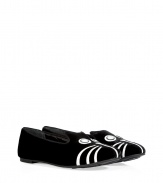 Work a sartorial edge into your fashion-forward footwear collection with Marc by Marc Jacobs cheeky cat slipper-style loafers - Round toe, velvet upper, white leather cat detailed overlay, quilted lining - Flat, comfortable rubber sole - Wear with a pullover and jeans, or opaque tights and a cocktail frock