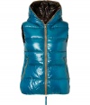 Sporty and sleek, this slim down vest from Duvetica is a cold weather must-have - Hood with decorative zipper trim, dual-zip front closure, sleeveless, zip pockets, quilted, slim fit - Wear with an oversized pullover, leather leggings or skinny jeans, and ankle booties