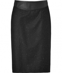 Luxurious skirt in a fine, black mottled wool blend - Immensely flattering and chic, but comfortable - With an elegant yoke - A classic with the famous pencil cut, slim, and about knee length - Back zip - A dream of a skirt for business and afterwards - A figure knockout, the skirt molds your curves and makes you look totally slender at the same time - For the office with a blazer and blouse, for evening with a silk tunic and sandals or booties