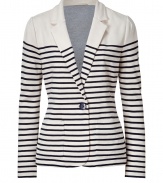 Elegant blazer in fine, cream viscose stretch blend - Chic navy horizontal stripe motif - Fitted, single-breasted style with one-button closure - Small collar and pockets at either hip - Slim silhouette tapers at waist - A polished, feminine spin on masculine tailoring - Pair with a fitted t-shirt and wide-leg trousers or a longer tunic top and skinny denim