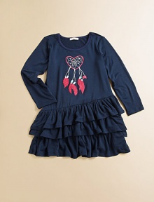 This adorable dress sports asymmetrical ruffles and an embroidered heart-shaped dreamcatcher motif.ScoopneckLong sleevesPull-on styleThree-tiered asymmetrical ruffle hem95% rayon/5% spandexMachine washImported