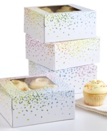 Perfect for the party! Take your baked greats on the go with these fun and festive collapsible cupcake boxes, which are lit up with a bright confetti pattern and have a display window to proudly show off your sweets. Holding up to four cupcakes, each box puts that professional touch on your treats.