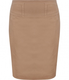 Stylish skirt in fine, pure creamy brown washed cotton - Elegant, slim pencil cut hits above the knee - Decorative seams at waist accentuate curves - Adjustable skinny belt and vent at rear - Zips at side - Streamlined and sophisticated, great for work or play - Pair with a silk blouse, button down or light cardigan and peep toe or platform pumps