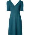 Feminine and flattering, Goats ink-hued wool-crepe dress is a chic choice for work and cocktails alike - V-neckline in front and back with front fold detail, pleated shoulders, cuffed short sleeves, hidden back zip - Fitted bodice and waist, full skirt, A-line silhouette - Wear with a bright clutch and patent leather pumps