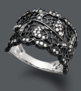 Embrace the darker side of design. Deco by Effy Collection's gothic-inspired ring resembles a spider web with its intricate cut-out edges and sparkling, round-cut diamonds (3/4 ct. t.w.). Crafted in 14k white gold and black rhodium. Size 7.