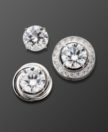 You're a woman of many moods, embrace it with this interchangeable earring set by CRISLU. Wear a pair of stunning round-cut cubic zirconia studs (3 ct. t.w.) solo, or pair them with a decorative jacket. One jacket features a simple round-cut swirling silver setting, the other features a round halo setting adorned with round-cut cubic zirconia accents (1-1/2 ct. t.w.). Set crafted in platinum over sterling silver.