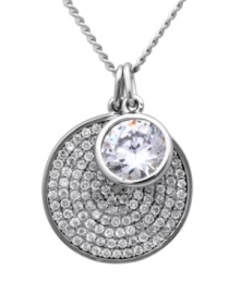 Add a little icy shimmer to your look. CRISLU's dazzling double charm pendant features a large disc covered with micro pave-set cubic zirconias and a smaller, bezel-set cubic zirconia charm (4-1/2 ct. t.w.). Setting and chain crafted in platinum over sterling silver. Approximate length: 16 inches + 2-inch extender. Approximate drop: 3/4 inch and 1/2 inch.