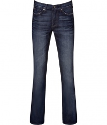 Stylish, straight leg jeans from LA lux denim brand, Seven for all Mankind - Classic five-pocket design features signature stitching at back pockets - Dark wash with thoughtful worn creasing - Essential jeans for day or night - Pair with cashmere sweater and a blazer, or with favorite tees and sandals