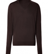 Elegant sweater in fine wool - oustanding soft and high quality - classic color darkbrown, small V-neck - slim fit and long sleeves - casual and noble basic for every day - small cuffs at the sleeves and waist - use as color accent with muted hues - combines best with all kind of pants at leisure time or the office