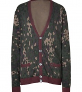 Work a cool edge into your contemporary knitwear collection with Marc by Marc Jacobs cotton camo cardigan - V-neckline, long sleeves, button-down front, front patch pockets, solid brown trim - Modern slim fit - Wear with jeans, sneakers, and a button-down