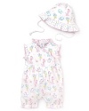 This adorable sleeveless shortall features multicolor animal prints allover and ruffle trim at the collar, sleeve and hem. She'll be extra cozy with the matching cap, which is trimmed with polka dot ruffles.