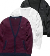 Horizontal striping livens up the traditional cardigan and adds a modern style touch to a must-have classic.