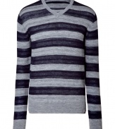 Stylish heather and navy duo striped sweater - This wool-blend striped sweater is a must-have for fall - Classic pullover style with a slim fit - Wear with straight leg jeans, a leather jacket, and boots