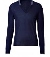 Luxe pullover in fine, pure navy cashmere - Supremely soft, densely woven knit - Wide V-neck with contrast grey trim at collar - Straight, fitted silhouette - Streamlined and classically cool, ideal for both work and play - Pair with jeans, chinos or slim trousers and leather lace-ups or trainers