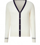 Luxe cardigan in fine, ivory cotton and cashmere blend - Supremely soft, densely woven knit - Deep V-neck with contrast navy trim at collar and button placket - Stripe trim at cuffs - Straight, slim silhouette - Streamlined and classically cool, ideal for both work and play - Pair with jeans, chinos or slim trousers and leather lace-ups or trainers