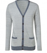 Luxe cardigan in fine, hemp and cotton blend - Soft yet durable, premium quality fabric - Fashionable grey-blue stripe motif with elegant contrast trim at button placket and hem - Slim cut style with v-neck and long, fitted sleeves - Two small pockets at hips - Polished and classically cool, easily dressed up or down - Pair with ankle-cropped trousers and leather lace-ups, or go for a more casual look with a t-shirt, slim jeans and trainers