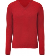 Quietly elegant and effortlessly cool, Jil Sanders red pullover raises the bar on everyday indispensables - Classic  v-neck style, in a soft, densely woven medium-weight Italian wool and camel hair blend - Rib trim at cuffs, collar and sleeves - Slim, straight cut - Versatile and polished, seamlessly transitions from work to weekend - Pair with slim trousers, chinos or dark denim