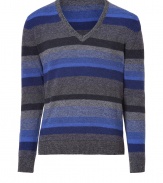 Work this seasons penchant for stripes in Etros tonal charcoal and royal blue fade fine wool pullover - V-neckline, ribbed trim, slim straight fit - Pair with a crisp white shirt and tailored trousers