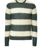 Collegiate stripes get a kick of downtown cool in Marc by Marc Jacobs oatmeal mohair blend pullover - Rounded neckline, long sleeves, ribbed trim, fitted - Pair with jeans, chinos or cords