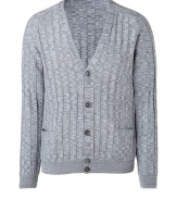 Stylish cardigan in fine grey merino wool - Chic ribbed knit has an elegant textured optical effect - Deep V-neck with button placket - Slimmer silhouette cuts close to the body - Two pockets, contrast trim at hem and cuffs - A versatile staple easily dressed up or down - Layer over t-shirts and button downs and pair with light wool trousers or cords