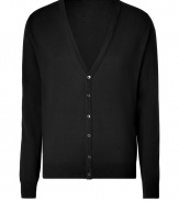 Fine cotton cardigan in basic black - Perennial mens favorite - Modern, slim fit - Deep v-neck and button panel - Perfect for all season and occasions - Pair with jeans or dress pants