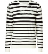 Stylish knit long sleeved cotton shirt - From eco-label Edun created by U2s Bono and his wife - Narrow, with slightly tampered - Round Neck with long sleeves - Distressed black and white stripes - Pair with designer jeans, chinos or pleated trousers