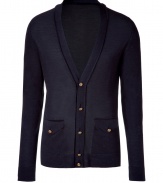 Elegant cardigan in fine, pure navy blue silk - Super-soft, lightweight material feels like a second skin - Deep v-neck and long, fitted sleeves - Decorative gold buttons close two flap pockets and dot the button placket - Slim, slightly tapered cut - A sleek and stylish go-to that seamlessly transitions from work to weekend - Pair with suit trousers or try a more casual look with slim jeans, chinos or Bermudas