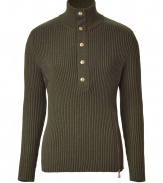 Recently relaunched with a fashion-forward aesthetic, Belstaffs take on modernized knitwear makes the once-stuffy pullover a downtown-approved must-have essential - Turtleneck, front snap half placket, quilted shoulder details, contrasting under arm panel with stud detail, all-over ribbing, asymmetrical exposed side zip - Style with slim trousers and suede ankle boots or chinos and trainers