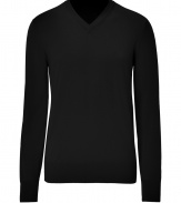 Load up on basic fall pieces like this classic black v-neck pullover - Made of pure wool for superior warmth and comfort through the seasons - Long, slender sleeves, small v-neck and moderately long hem - Looks great solo or as a layer piece - Try with dark denim and boots or with khakis and favorite trendy sneaks