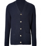 Work an exquisitely luxurious edge into your contemporary knitwear collection with Marc Jacobs navy textural knit cardigan - V-neckline, long sleeves, front slit pockets, contrast knit trim - Modern slim, straight fit - Pair with everything from jeans and tees to chic button-downs and slick lace-ups