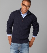 Give yourself a little room to move. A buttoned mock-neck sweater from Tommy Hilfiger adjusts to your preferences.