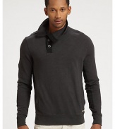 A fashion-forward, funnel neck style constructed in a soft, cotton jersey knit accented by a wide-set button placket in a modern, relaxed fit.Five-button placketFunnel neckSide slash pocketsBanded cuffs and hemCottonMachine washImported