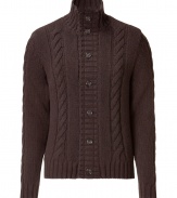 Luxurious cardigan in fine, dark brown wool - Elegant, flattering quality - Fashionable version of the classic cardigan, with a stand-up collar and button placket - Slim, moderately long, with a decorative cable stitch - A classic from Etro that always looks great - A nice easy piece for everyday, casual AND exclusive - Pair with jeans, office trousers or chinos