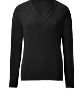 Stylish pullover in fine black virgin wool - A classic, slim fitted with long sleeves - Fashionable accent: the double V-neck - A dream of a basic, classy and casual - A hit combination with jeans, business trousers, chinos