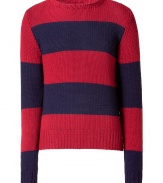 Luxurious pullover in fine wool - Casual red and blue stripes - Slim cut, with a small crew neck and long sleeves - Rib-knit cuffs - A modern classic, wonderfully comfortable, trendy and classy - Combine with a pair of jeans, corduroys, chinos