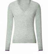 Luxe pullover in fine, pure heather grey cashmere - Supremely soft, densely woven knit - Wide V-neck with darker grey trim at collar, contrast trim at cuffs - Straight, fitted silhouette - Streamlined and classically cool, ideal for both work and play - Pair with jeans, chinos or slim trousers and leather lace-ups or trainers