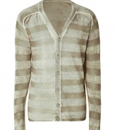 Stylish cardigan in fine, pure linen - Super-soft, densely woven knit - Chic, olive and white colorway - Perennially chic horizontal stripe motif - Decorative exposed seams and v-neck with rib trim at collar and button placket - Slim, straight silhouette - A sleek twist on a wardrobe staple - Pair with chinos, jeans or light wool trousers and trainers or leather lace-ups